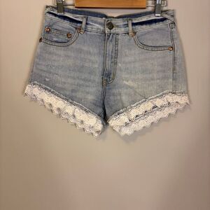 Free People Light Blue with White Lace Trim Bottom Hi Rise Jean Shorts Size 25